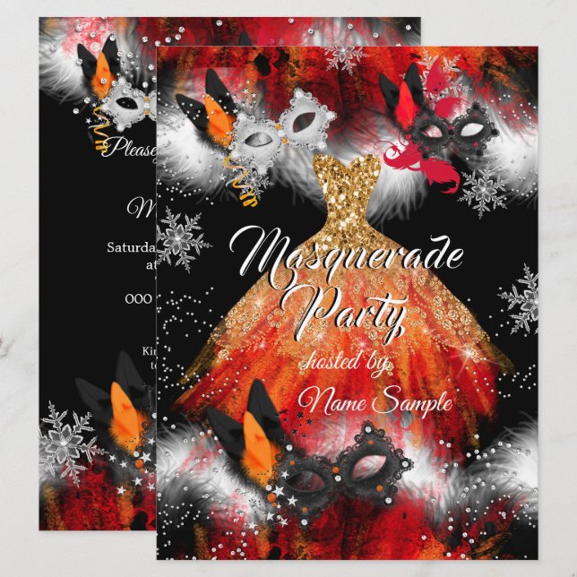 Invitación Naranja rojo Fiesta de mascarada mascara fuego de  (Anverso / Reverso)