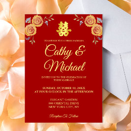 Invitación Naranja rojo floral boda chino doble felicidad
