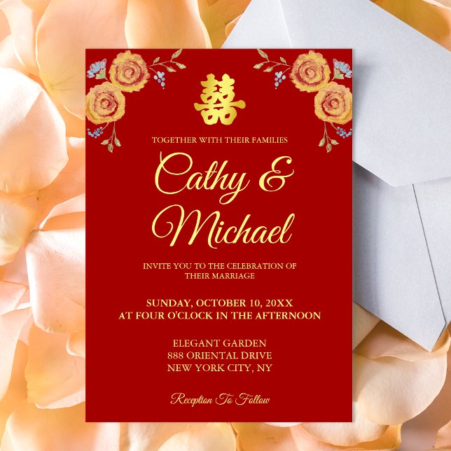 Invitación Naranja rojo floral boda chino doble felicidad (Traditional Chinese wedding invitation red invite orange watercolor flowers double happiness)