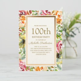 Invitación Naranja Rojo Floral Green deja oro 100 cumpleaños
