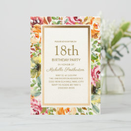 Invitación Naranja Rojo Floral Green deja oro 18 cumpleaños