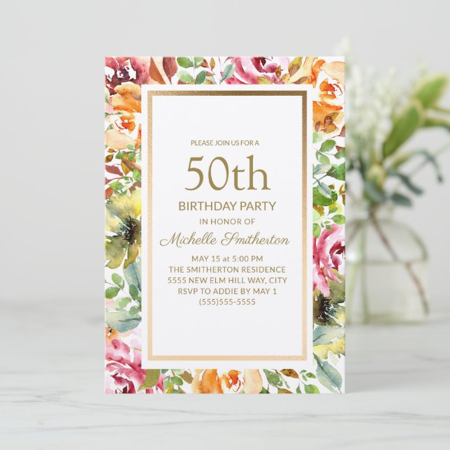 Invitación Naranja Rojo Floral Green deja oro 50 cumpleaños (Anverso de pie)