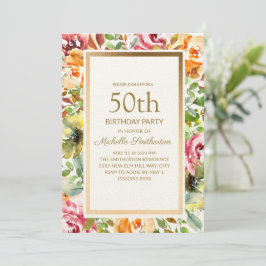 Invitación Naranja Rojo Floral Green deja oro 50 cumpleaños