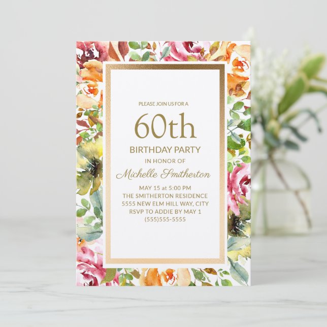 Invitación Naranja Rojo Floral Green deja oro 60 cumpleaños (Anverso de pie)