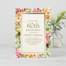 Invitación Naranja Rojo Floral Green deja oro 60 cumpleaños