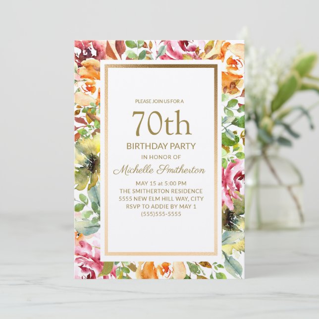 Invitación Naranja Rojo Floral Green deja oro 70 cumpleaños (Anverso de pie)