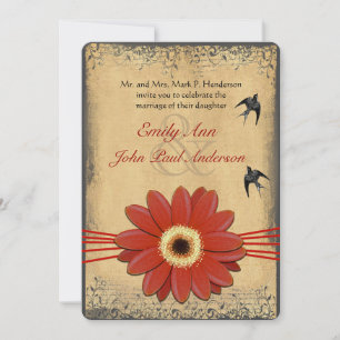 Invitación Naranja Rojo Gerber Daisy Vintage Birds Boda
