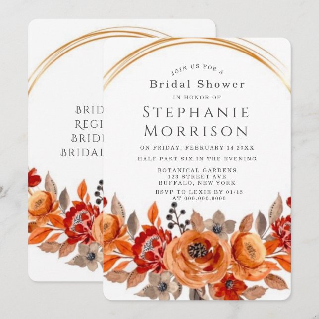 Invitación Naranja Rojo Oscuro Floral Geométrica Ducha Bridal (Anverso / Reverso)