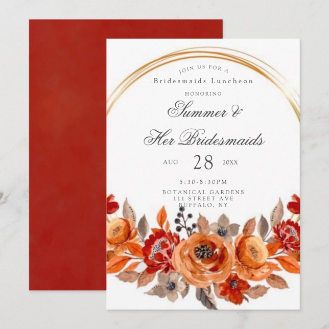 Invitación Naranja Rojo Oscuro Floral Oro Bridesmaids Luncheo (Anverso / Reverso)