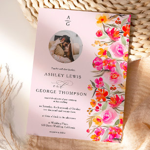 Invitación Naranja rojo otoño con iniciales florales boda fot