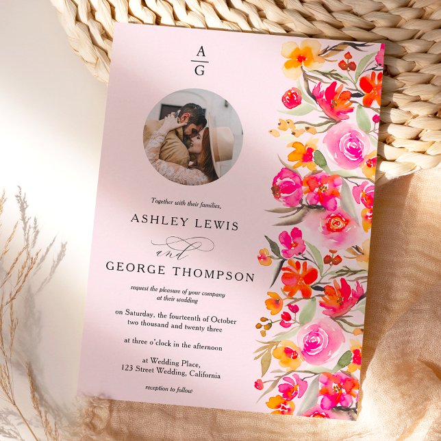 Invitación Naranja rojo otoño con iniciales florales boda fot (Subido por el creador)