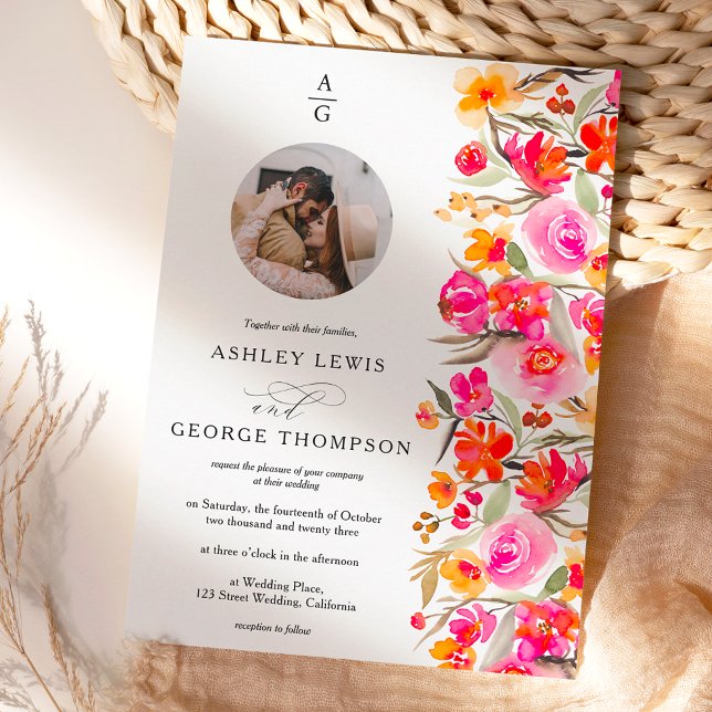 Invitación Naranja rojo otoño con iniciales florales boda fot (Subido por el creador)