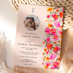 Invitación Naranja rojo otoño con iniciales florales boda fot