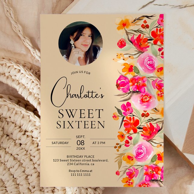 Invitación Naranja rojo otoño foto floral Sweet 16 (Fall boho red orange floral photo Sweet 16 Invitation on yellow)