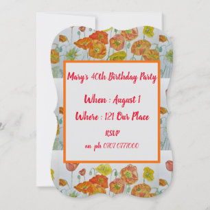 Invitación Naranja Rojo Poppies Floral 40 cumpleaños invitaci