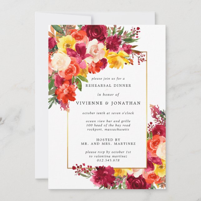 Invitación Naranja Rojo Rosa Amarillo Ensayo Floral Cena (Anverso)