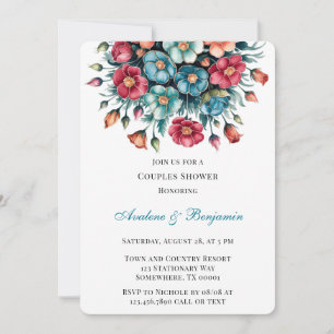 Invitación Naranja Rojo verde azulado Bouquet Floral Dorada P