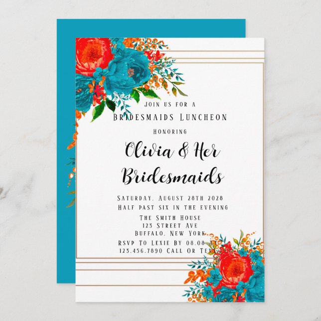 Invitación Naranja Rojo verde azulado Floral Bridesmaids Invi (Anverso / Reverso)
