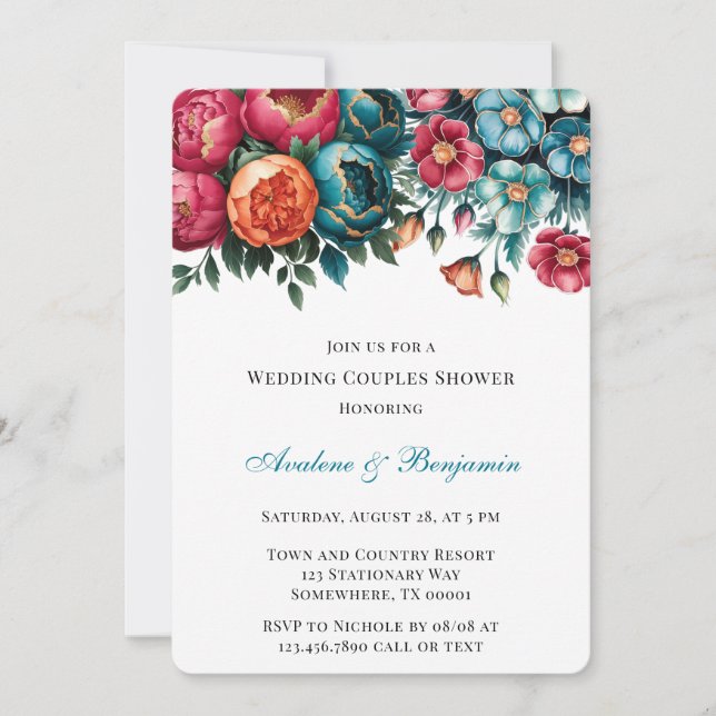 Invitación Naranja Rojo verde azulado Floral Oro Boda Parejas (Anverso)