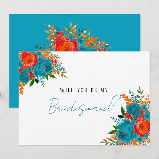 Invitación Naranja Rojo verde azulado Floral Serás Mi Novia (Anverso / Reverso)