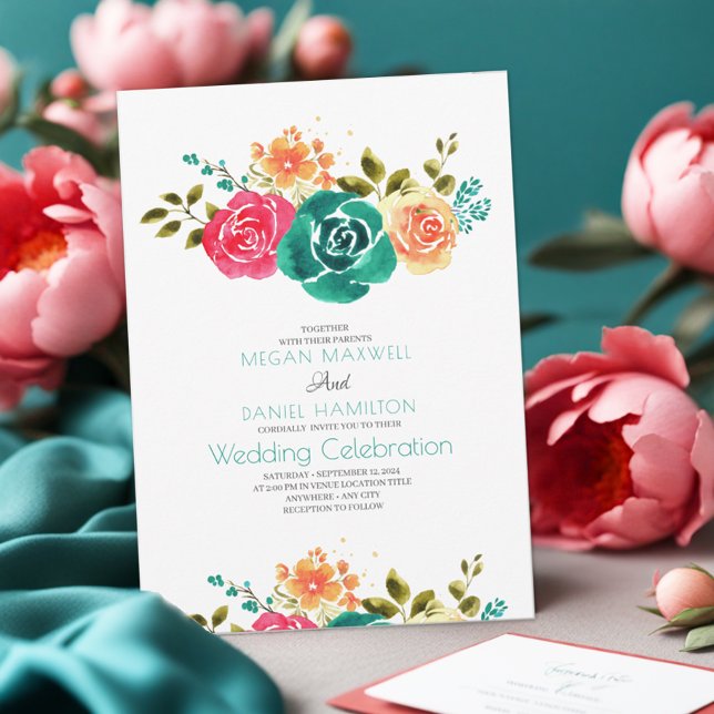 Invitación Naranja Rojo verde azulado Rosas Boho Boda Floral (Subido por el creador)