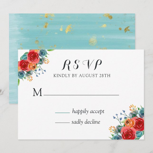 Invitación Naranja Rojo verde azulado Rosas de acuarela Boda  (Anverso / Reverso)