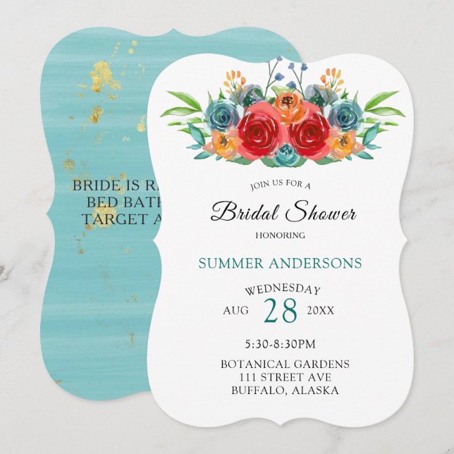 Invitación Naranja Rojo verde azulado Rosas de acuarela ducha (Anverso / Reverso)