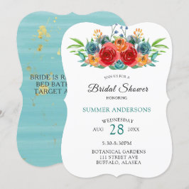 Invitación Naranja Rojo verde azulado Rosas de acuarela ducha