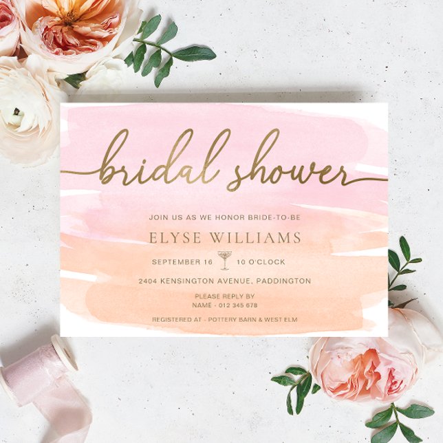 Invitación Naranja rosa acuarela dorada ducha de novia (Bridal Shower Invitation Peach Pink Watercolour Gold )