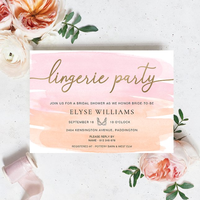 Invitación Naranja rosa acuarela dorada Fiesta ducha (Lingerie Party Bridal Shower Invitation Pink Orange Watercolour Gold )