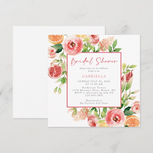 Invitación Naranja rosa acuarela Floral Brillante (Anverso / Reverso)