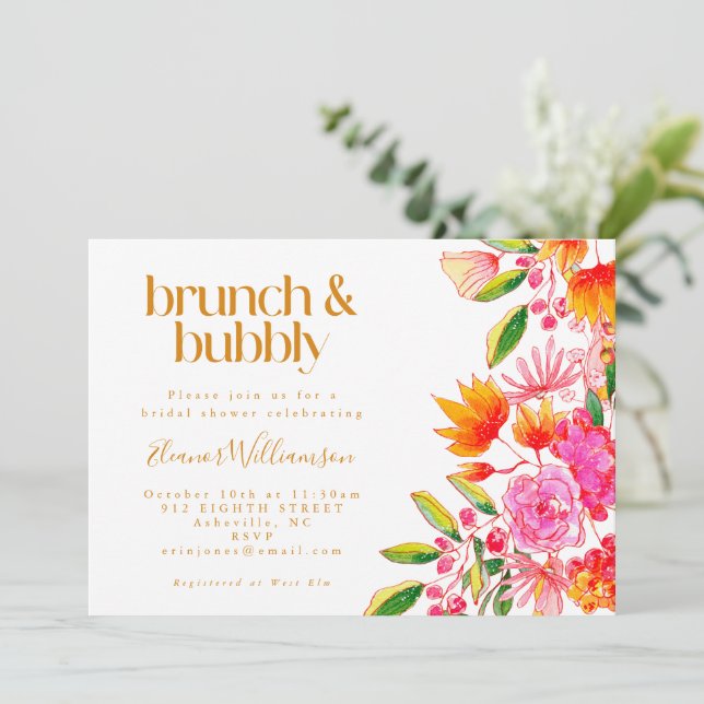 Invitación Naranja rosa acuarela Floral Brunch nupcial bubbly (Anverso de pie)