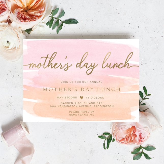 Invitación Naranja rosa acuarela oro almuerzo del día de la m (Mothers Day Lunch Orange Pink Watercolour Gold)