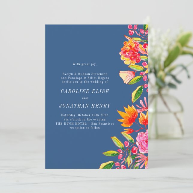 Invitación Naranja rosa azul acuarela Boda formal floral (Anverso de pie)
