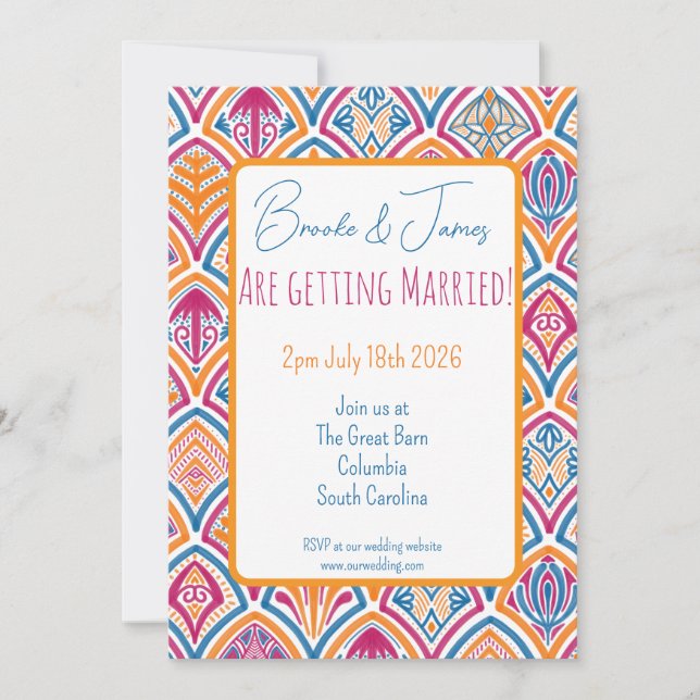 Invitación Naranja rosa Boda de ventilador de decoración Verd (Anverso)