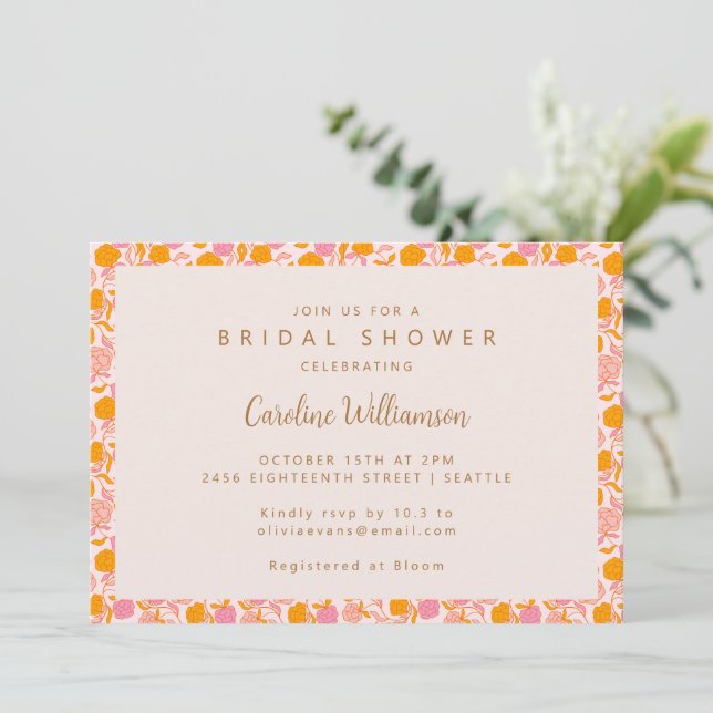 Invitación Naranja rosa Boho Floral Cute Brite Shower (Anverso de pie)