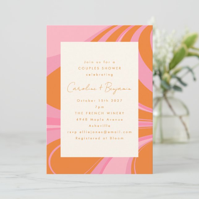 Invitación Naranja Rosa Boho Resumen Ducha de Parejas de Márm (Anverso de pie)