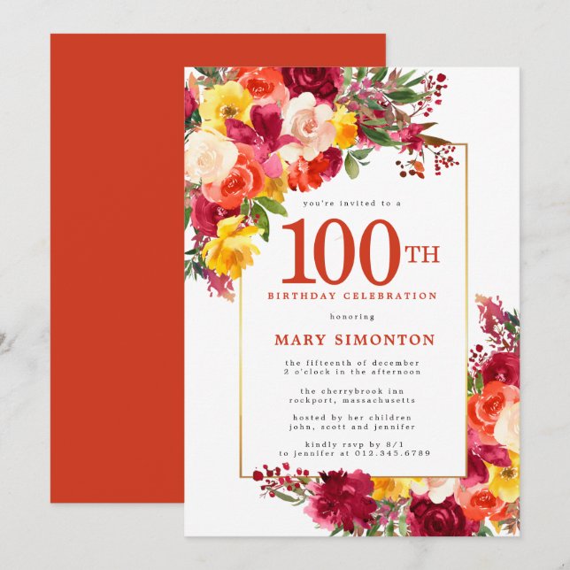 Invitación Naranja rosa borgoñona Floral Amarilla 100 cumplea (Anverso / Reverso)