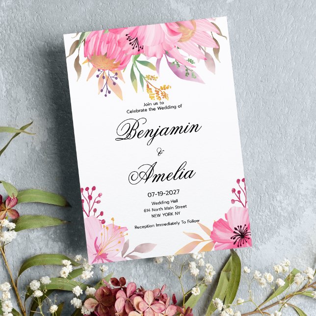 Invitación Naranja rosa botánico Boda de flores acuarelas (Botanic pink orange watercolor flowers Wedding)