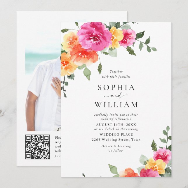 Invitación Naranja rosa brillante brillante Boda Flores códig (Anverso / Reverso)