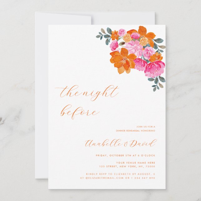 Invitación Naranja rosa brillante Vibrante Ensayo Floral Cena (Anverso)