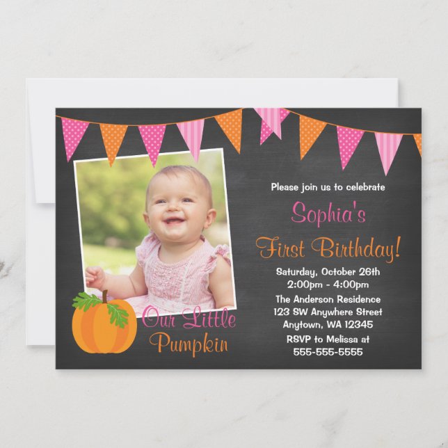 Invitación Naranja rosa Calabaza Chica Chalkboard Foto Cumple (Anverso)
