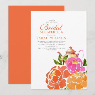 Invitación Naranja rosa caliente Floral Té de ducha de novia