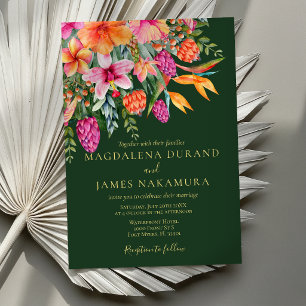 Invitación Naranja rosa colorido Boda floral tropical verde