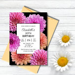 Invitación Naranja rosa Dahlia Floral Black 30 cumpleaños<br><div class="desc">Honre a una mujer especial con esta elegante y femenina invitación a la fiesta de cumpleaños. Este diseño está decorado con flores de dahlia rosas y naranjas. Sencillo y moderno. Cada texto es personalizable para sus necesidades.</div>