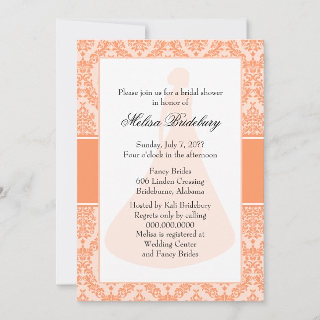 Invitación Naranja rosa Damask Bridal Shower (Anverso)