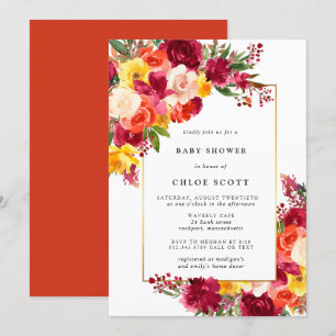 Invitación Naranja rosa de Borgoña Baby Shower floral amarill