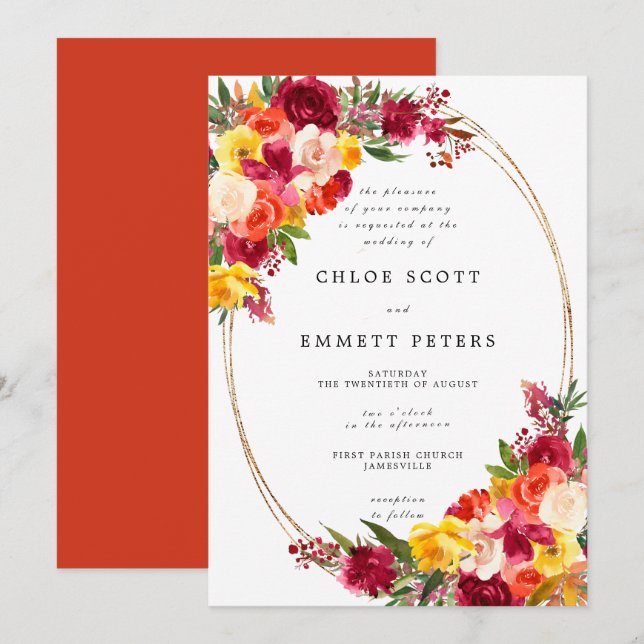 Invitación Naranja rosa de Borgoña Boda floral amarillo (Anverso / Reverso)