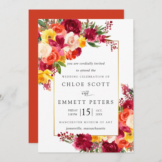 Invitación Naranja rosa de Borgoña Boda floral amarillo (Anverso / Reverso)