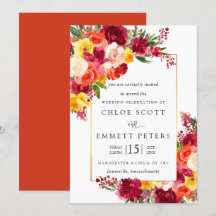 Invitación Naranja rosa de Borgoña Boda floral amarillo